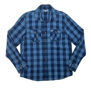 True Religion Shirt Men M Medium Blue Plaid Long Sleeve Collared Pockets Utility
